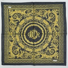 HK09- Christian Dior Black Floral Pocket Square Logo Gold Cotton Scarf 18.5"x19"