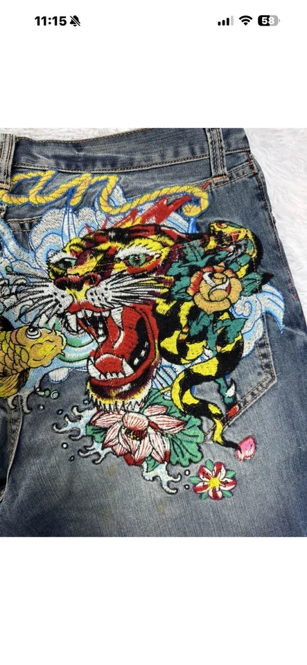 Pantalones Cortos Denim Ed Hardy Azul 36 Japón Dragón Koi Pez Tigre Bordados Y2K Foto 2 de 4