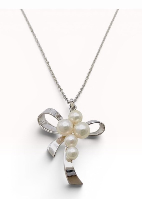 MIKIMOTO Akoya Pearl Ribbon Necklace Silver 5 Pearls 40cm Auth