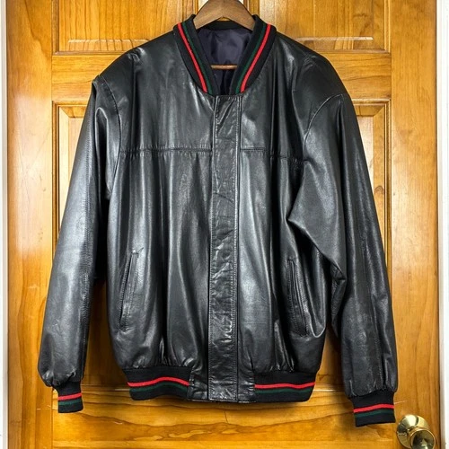 Vintage Argentine Leather Bomber Jacket Size 4 US Large Black Striped Webbing - product listing photo
