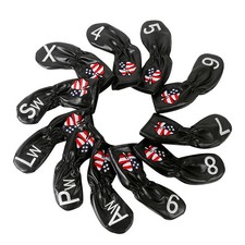 Leather Golf Club Iron Head Covers 11 Piece Set USA Clover Headcover Black
