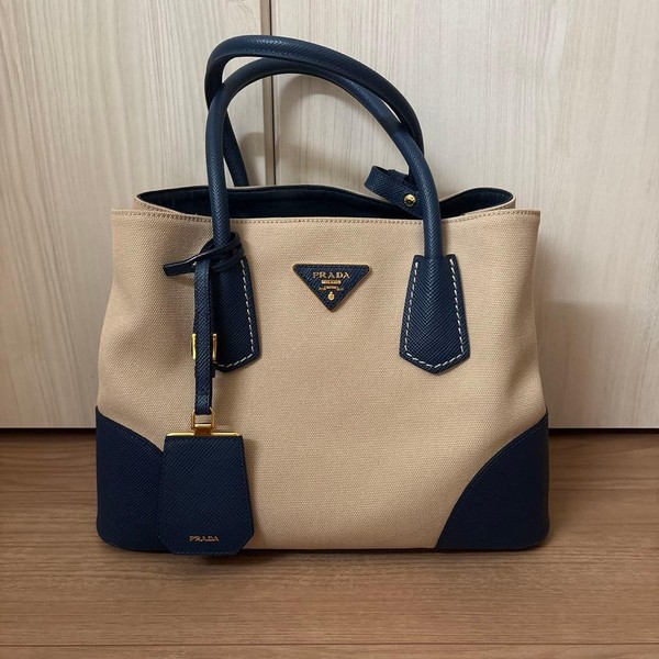 PRADA Handbag Canvas Saffiano Leather Beige Navy