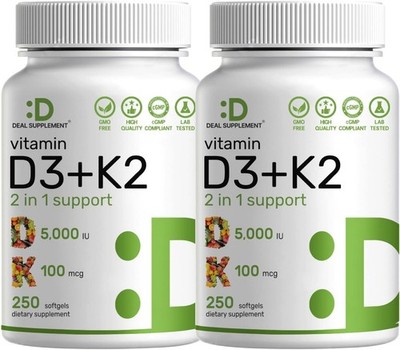 DEAL SUPPLEMENT D3+K2 MK7 Complex | 5000 IU, 500 Softgels (2-Pack) for Heart, Bo