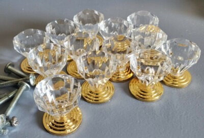 Set 12 Cupboard Glass & Brass Knobs Kitchen Cabinet Door Pulls Drawer Handles 