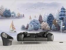 3D Relief Mountain River Boat Self-adhesive Removeable Wallpaper Wall Mural