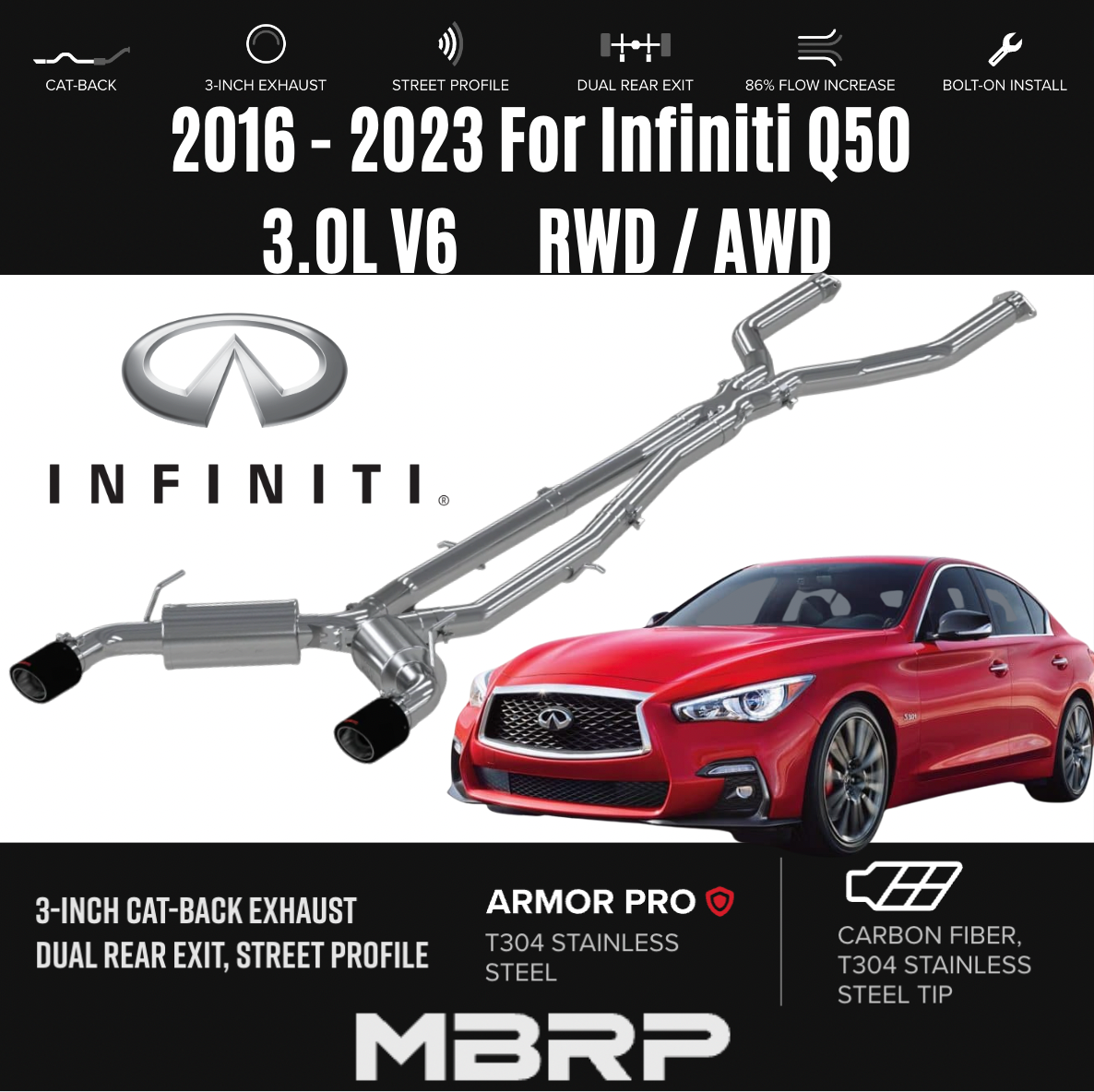 MBRP 3" Lite CatBack Exhaust Dual Exit w/Carbon SS Tip For 16 23