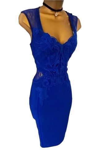 Abito Bodycon Blu Lipsy 12 UK Festa Occasione Matrimonio Cobalto Ricamato Pizzo - Foto 15 di 22