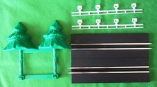 ARTIN SLOT CAR TRACK PIECE, FLAT BACK SNAP-ON EVERGREEN TREES,  2 RAILINGS