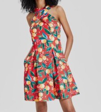Vince Camuto Women's Red Printed Halter Fit & Flare Dress Size 8.