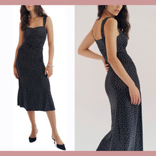 NEW $180 Reformation [ XL ] Suvi Polka Dot Ruched Bodycon Dress Black #U1187