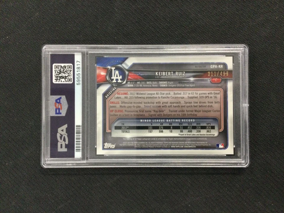 PSA 10 2018 Bowman Chrome #KR Keibert Ruiz Refractor Auto /499 Nationals Dodgers - Image 2 of 2