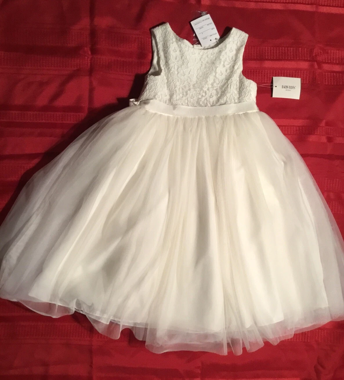 David's Bridal Flower Girl Ivory Sleeveless Dress Lace Bodice Size 4 New W/T