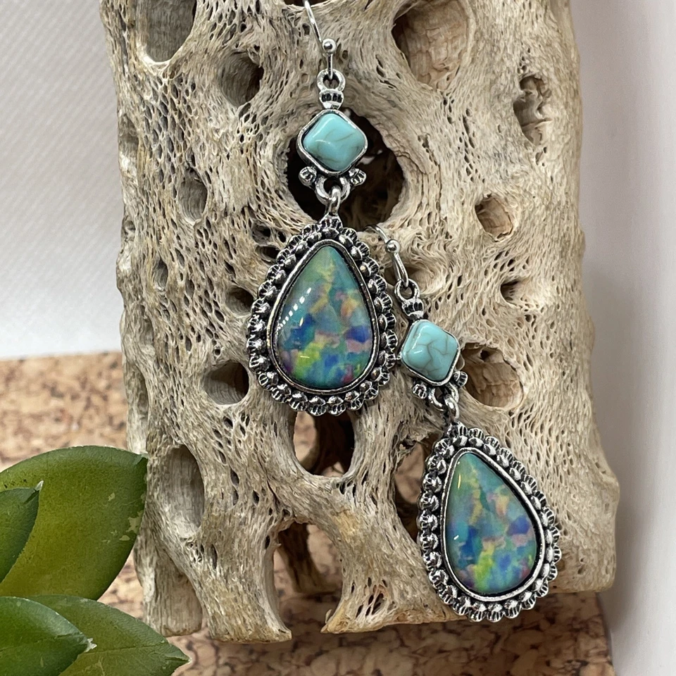 Southwestern Faux Turquoise Beach Mermaid Cluster Pendant blue Earrings Western - Image 3 of 4