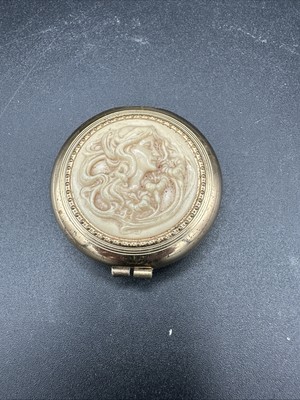 Vintage Revlon Intimate Petit Parfum Compact Gold Tone Art Nouveau Ivory Top H60