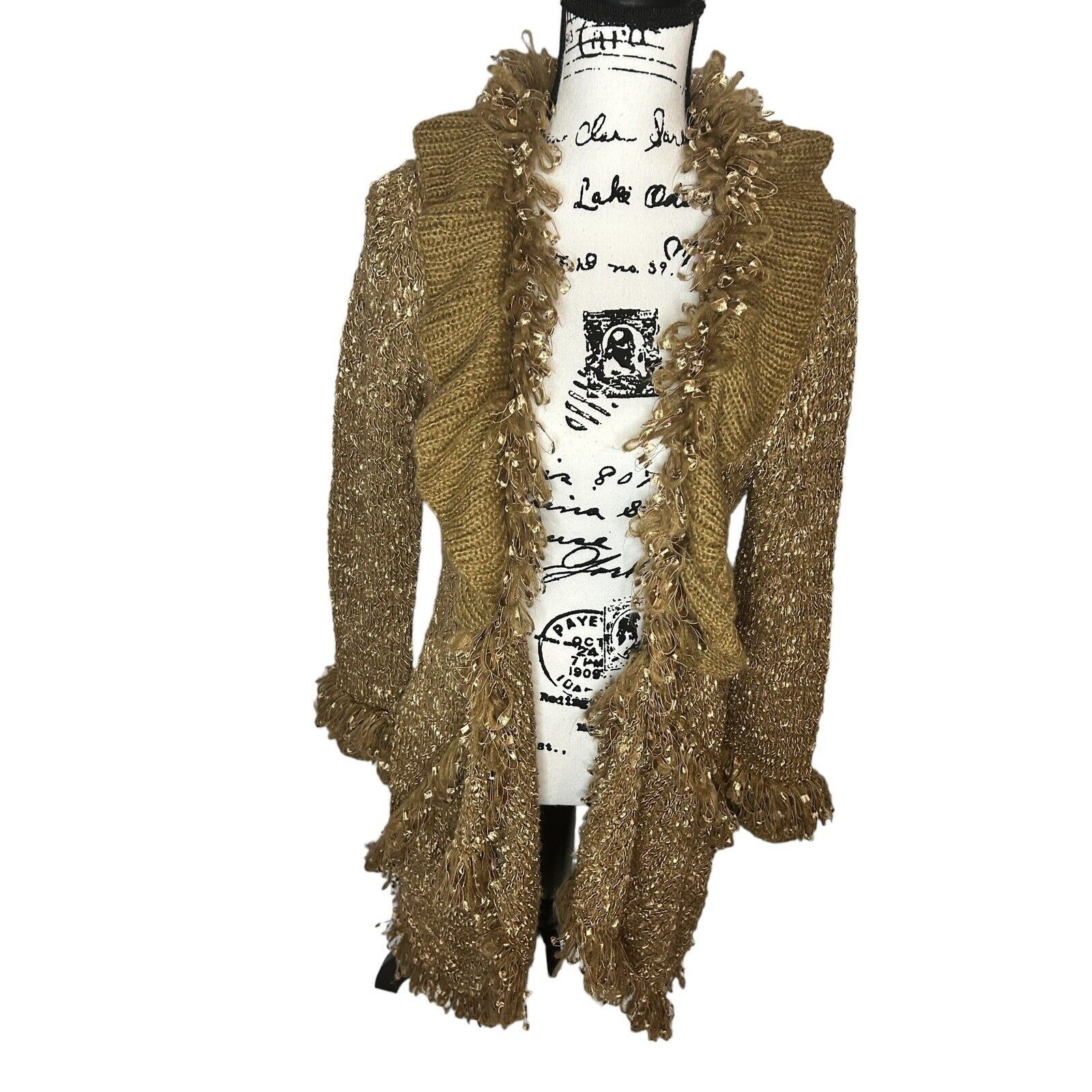 Urban Mango Women Gold Fluffy Sweater Cardigan Size M thumbnail 7