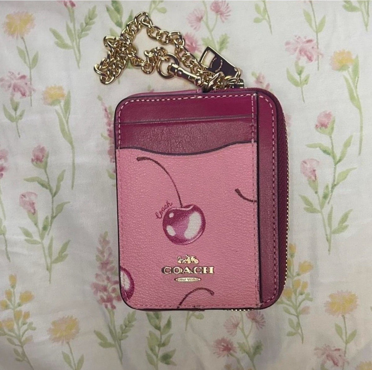 Coach Cherry Print Leather Pink Burgundy Key Chain Zippered ID