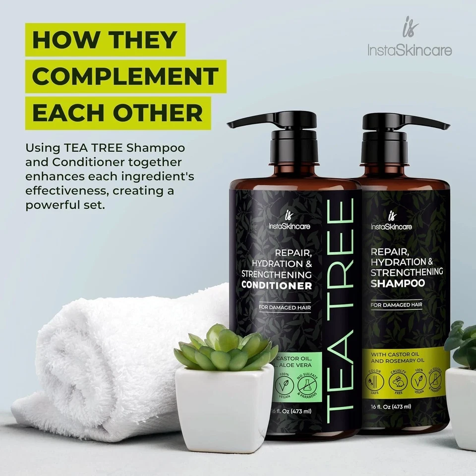 InstaSkincare Tea Tree Shampoo & Conditioner Set 16oz | Hydrating, Castor & Aloe - Image 2 of 4