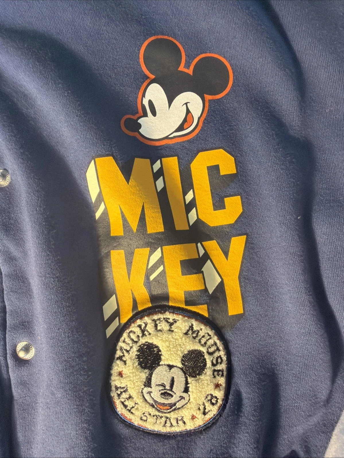 Disney Mickey Mouse Varsity Jacket Snap Front Blue White Men’s Medium - product detail image 3