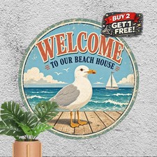 Seagull Beach Welcome Sign Vintage Coastal Seaside Cottage Wall Decor Plaque