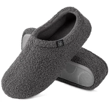 Women's Fuzzy Memory Foam Loafer Slippers with Polar Fleece Lining - Dark Grey