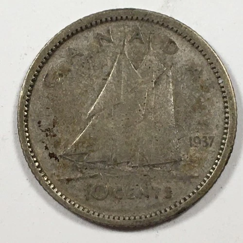 1937 Canada 10 Cents - George VI - Fine (F) KM#34 - 80% Silver - 8220