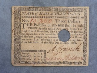 1780 State of Massachusetts Bay $3 Continental Currency Note Redeemed inv# 282