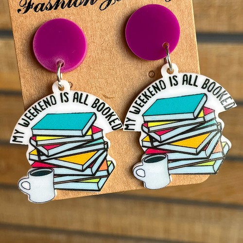 Rainbow Acrylic Stacked Book Floral Student Teacher Earrings Back to School Gift - Picture 3 of 9