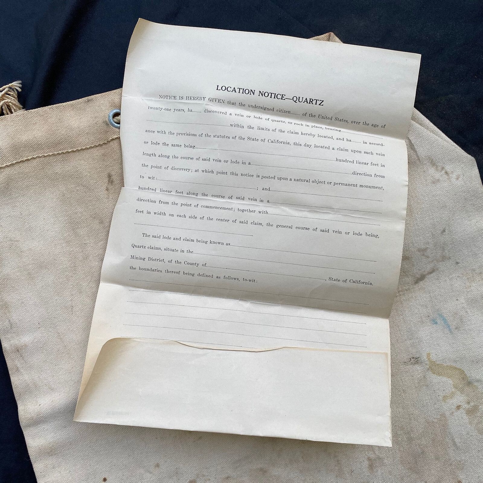 Antique Gold Mining Ore Quartz Canvas Sack W/ Paper Notice Of Discovery