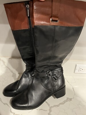 Bandolino Black/Brown Leather Tall Zip Riding Boots Women's sz
