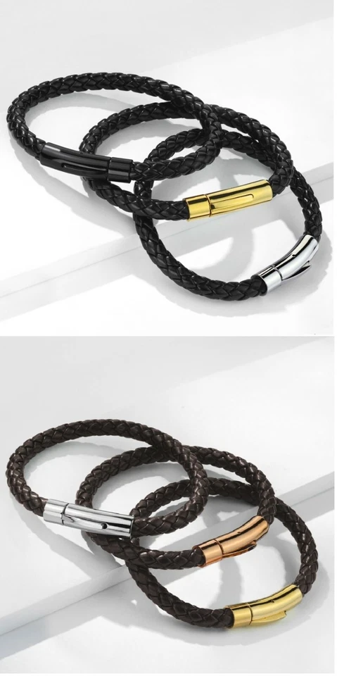 Pulsera de cuero Bolo trenzado para hombre con cierre de bloqueo de acero inoxidable - negro marrón Foto 4 de 4
