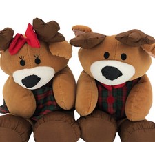 Holiday Reindeer Boy Girl Pluffy Antler Vintage Christmas Stuffed Plush Lot
