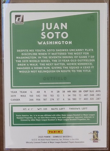 2020 Donruss Stat Line Milestone Juan Soto 079/250 Holo Foil Parallel #162 Nats - Foto 2 di 2