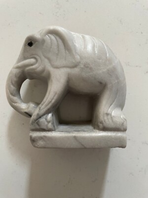 Carved Marble Stone Kneeling Elephant White Grey Polished