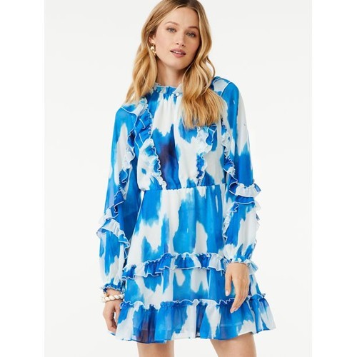 Scoop Women's Long Sleeve Ruffle Mini Dress, Blue, Large 12-14 - Picture 2 of 5
