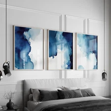 Blue Watercolor Print Abstract Ink Art Prints Printable Set of 3 Navy
