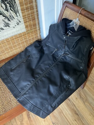 Fried Denim Men's Black Faux Leather Vest With Jersey Hood