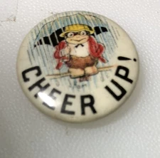 1910s Cheer Up Rain Comedy Humor Hassan Cigarettes Pin Pinback Button Vintage