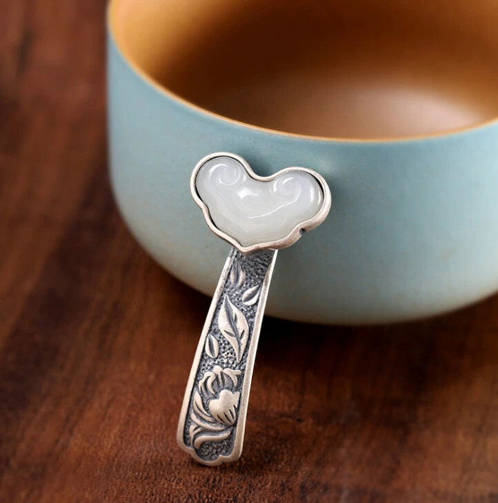 I03 Rimorchio Nuvola Di Bianca Giada Argento Sterling 925 Fiori Stile Antico - Immagine 3 di 4