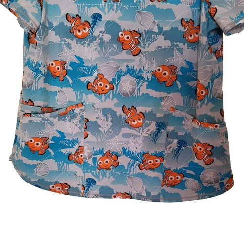 Pixar Finding Nemo Sealife L Stretch Scrub Top Women's 3 Pockets Excellent !! - Picture 3 of 10