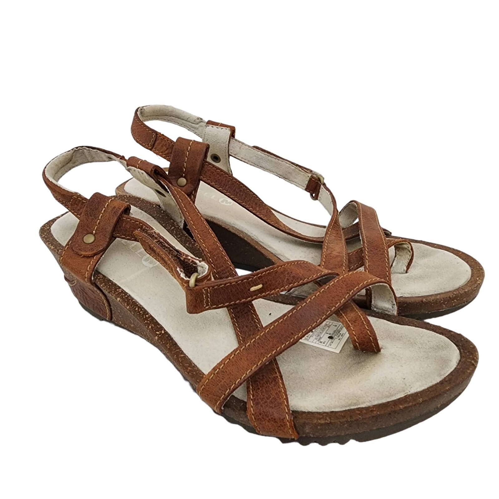 Sandali Merrell donna 7 Revalli Aura post cinturino pelle zeppa tacco marrone scuro