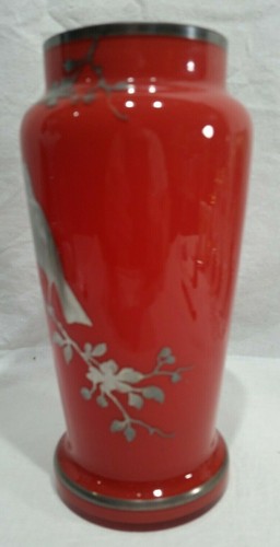 Vintage Czecho Slavakia Red 8 3/4" Vase with Sterling Silver Overlay - Picture 4 of 8