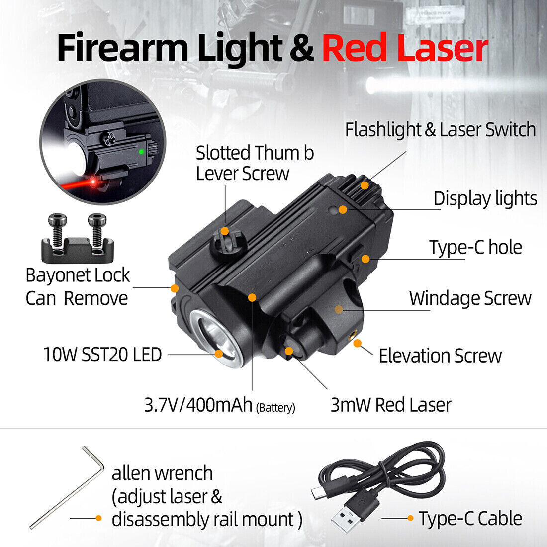 800 Lumens USB Rechargeable Red Laser Gun Weapon Pistol Light Flashlight Combo