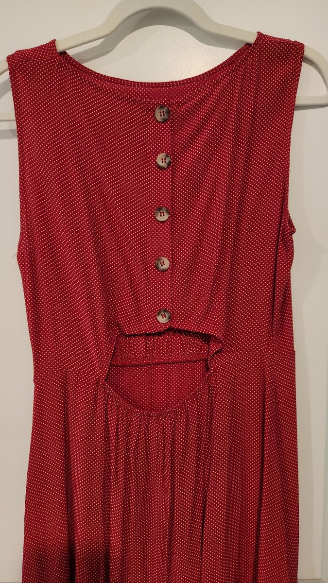 mango red polka dot dress MANGO Dress Red Polka Dot Open Back Peek A Boo Buttons Midi Dress Medium