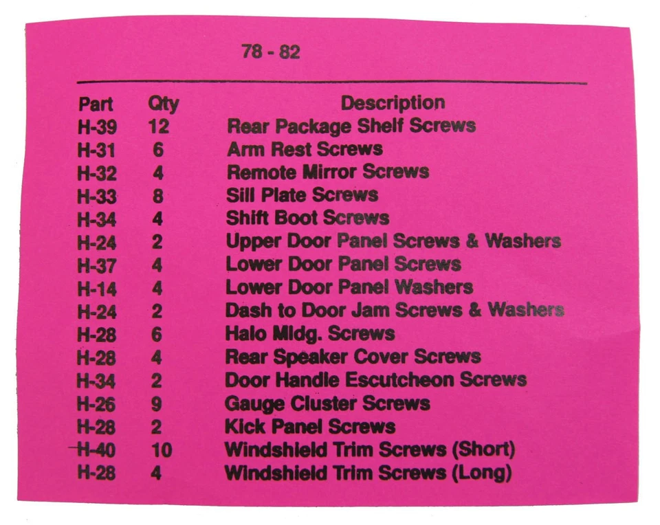 1978-1982 Chevrolet Corvette C3 Interior Screw Set Kit 83 Pieces New - Image 2 of 3