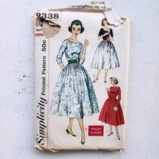1950s Vintage 34" Bst Simplicity 2338 Tea Length Cummerbund Dress Sewing Pattern