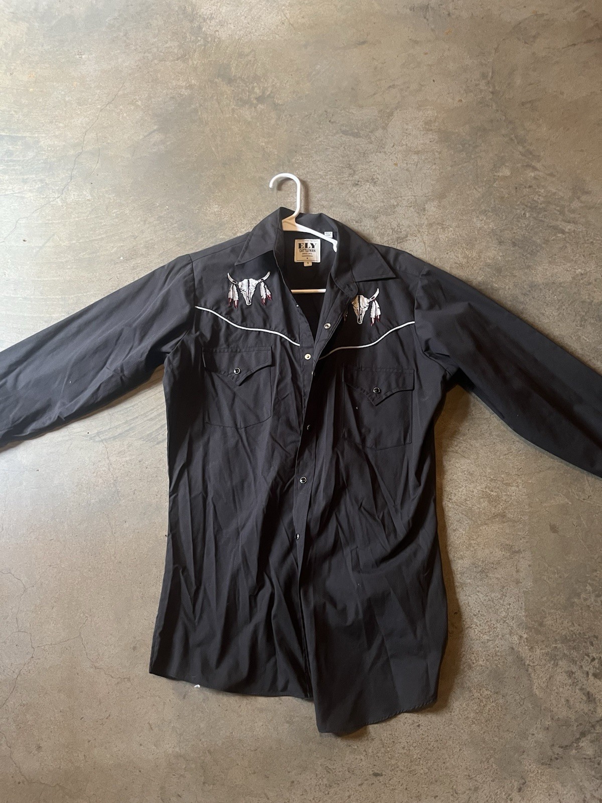 Ely Diamond Black Pearl Snap Steer Skulls Embroidered Western Shirt Mens Small