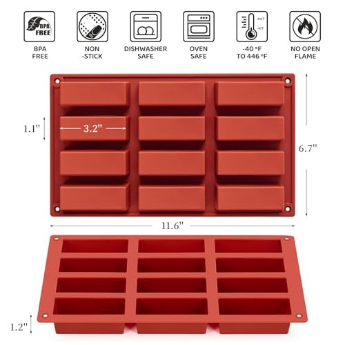 2 Pack Silicone Granola Bar Molds, 12 Cavity Rectangle Protein Mold Red 