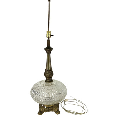 Brass & Clear Glass Diamond Point Table Lamp With Nightlight MCM 1970 s