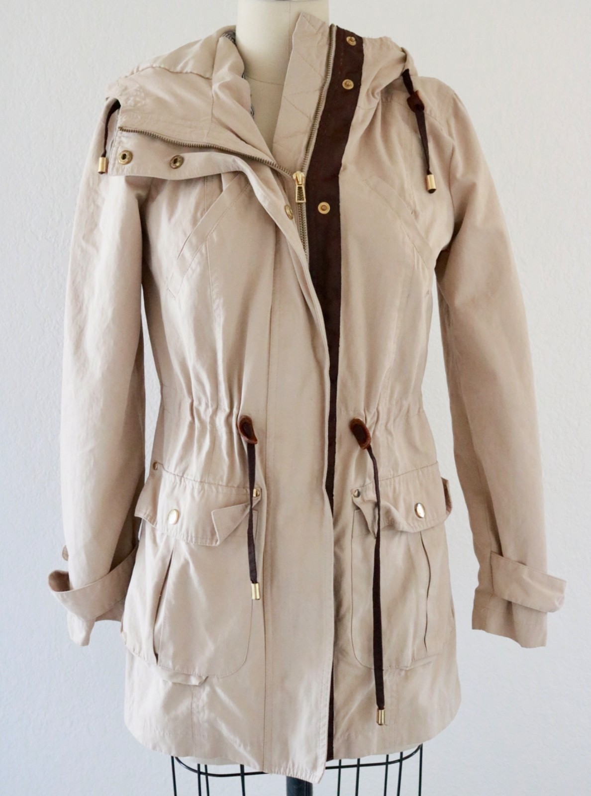 Zara Basic Hooded Utility Jacket Contrast Trim Kh… - image 1