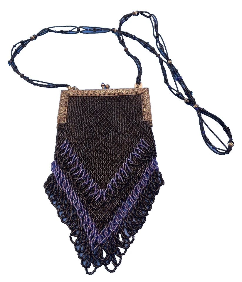 Vintage Victorian Black/ Blue Beaded Purse with Chevron Fringe Velvet Interior - Image 3 of 4